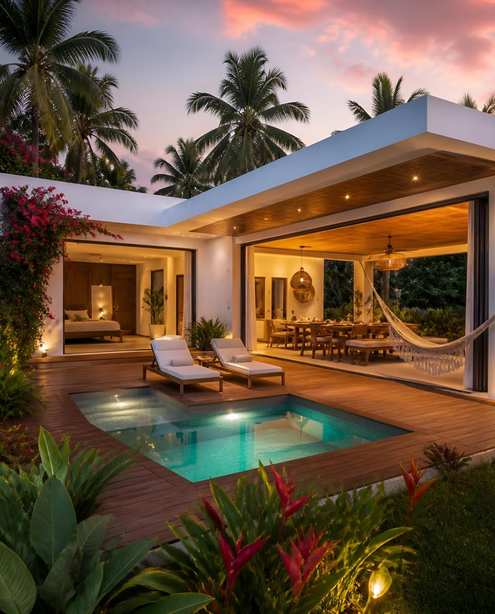Villa deck with a private plunge pool at sunset