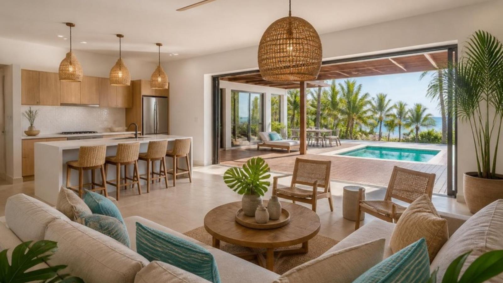 Open living room and kitchen with island seating