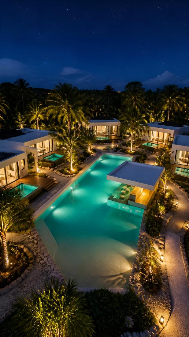 The park at night with lit villas and palms