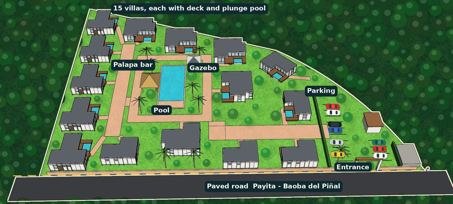 Site plan of CaribEco Park Cabrera: 15 villas around a central pool, palapa bar and gazebo, parking at the entrance, along the paved road